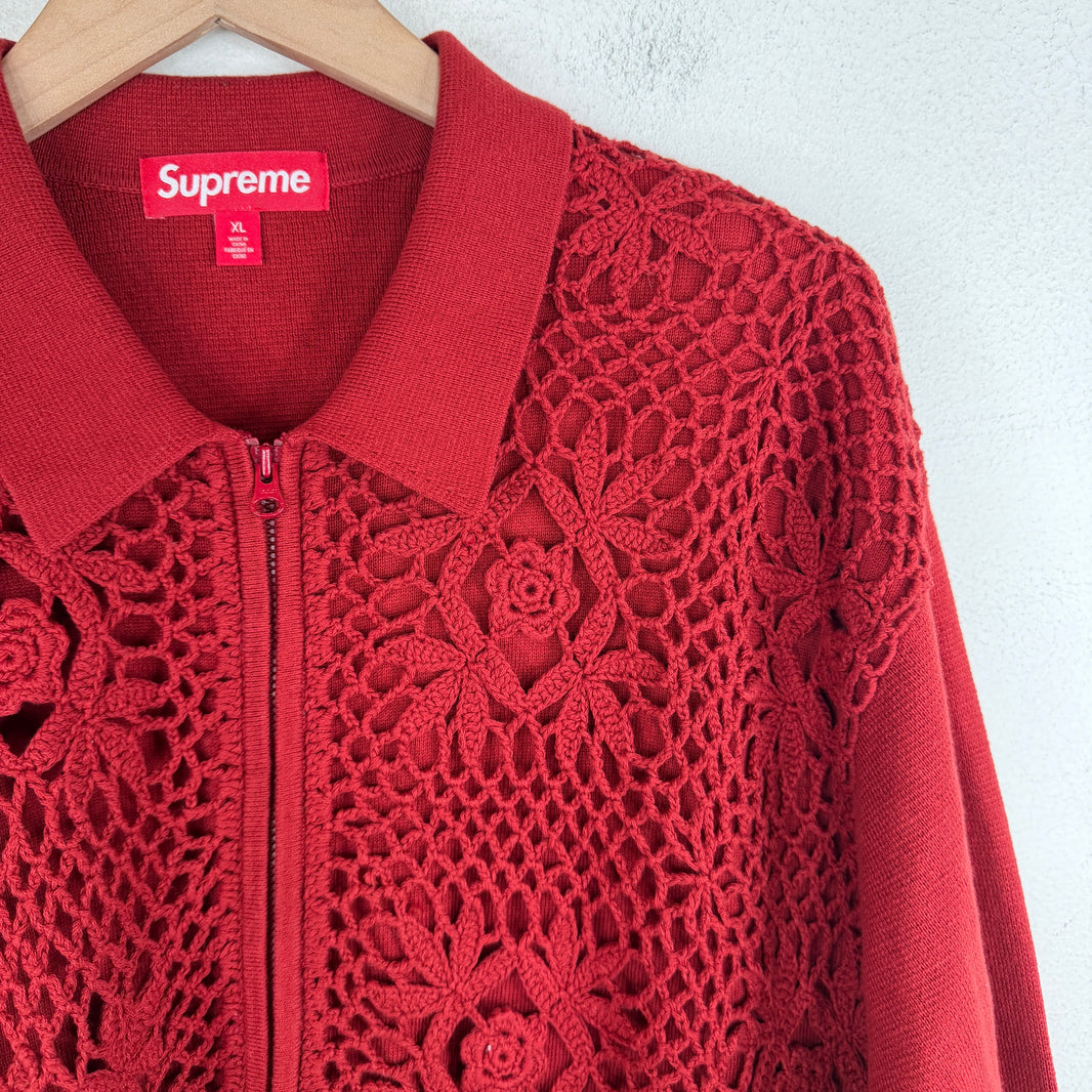 Supreme Red Floral Knit Zip Sweater
