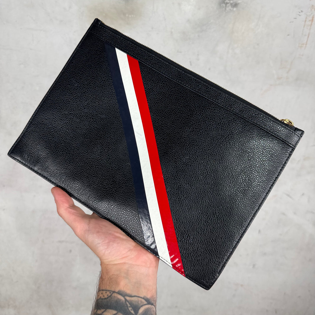 Thom Browne Black Pebbled Leather Stripe Pouch