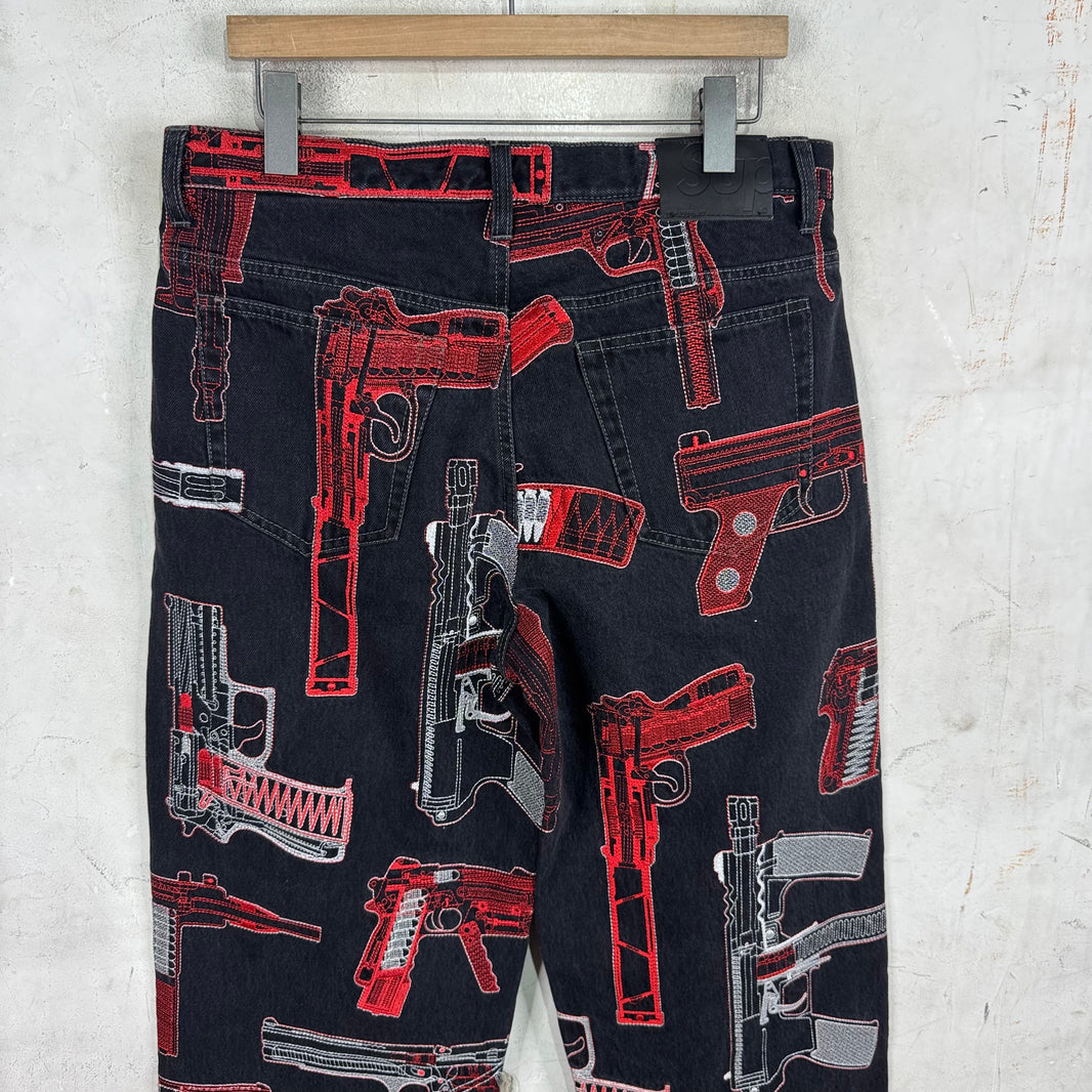 Supreme Black Embroidered Gun Jeans