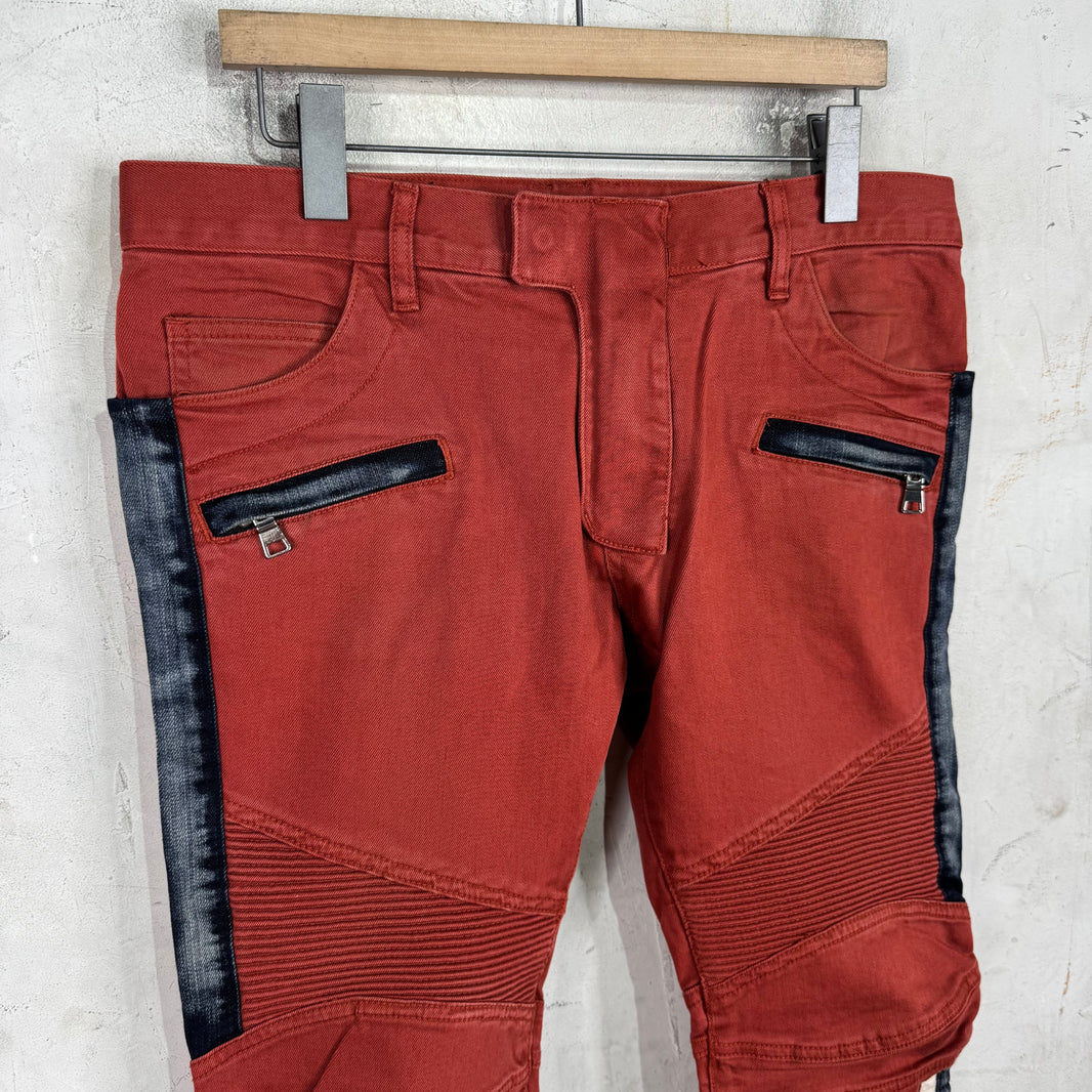 Balmain Orange Denim Trimmed Biker Jeans