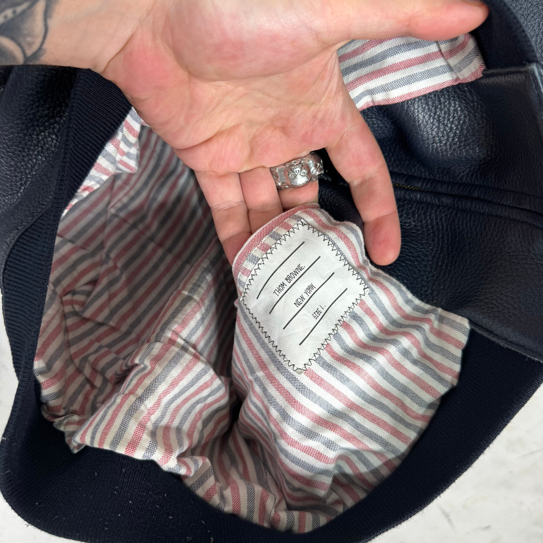 Thom Browne Navy Leather Striped Jacket