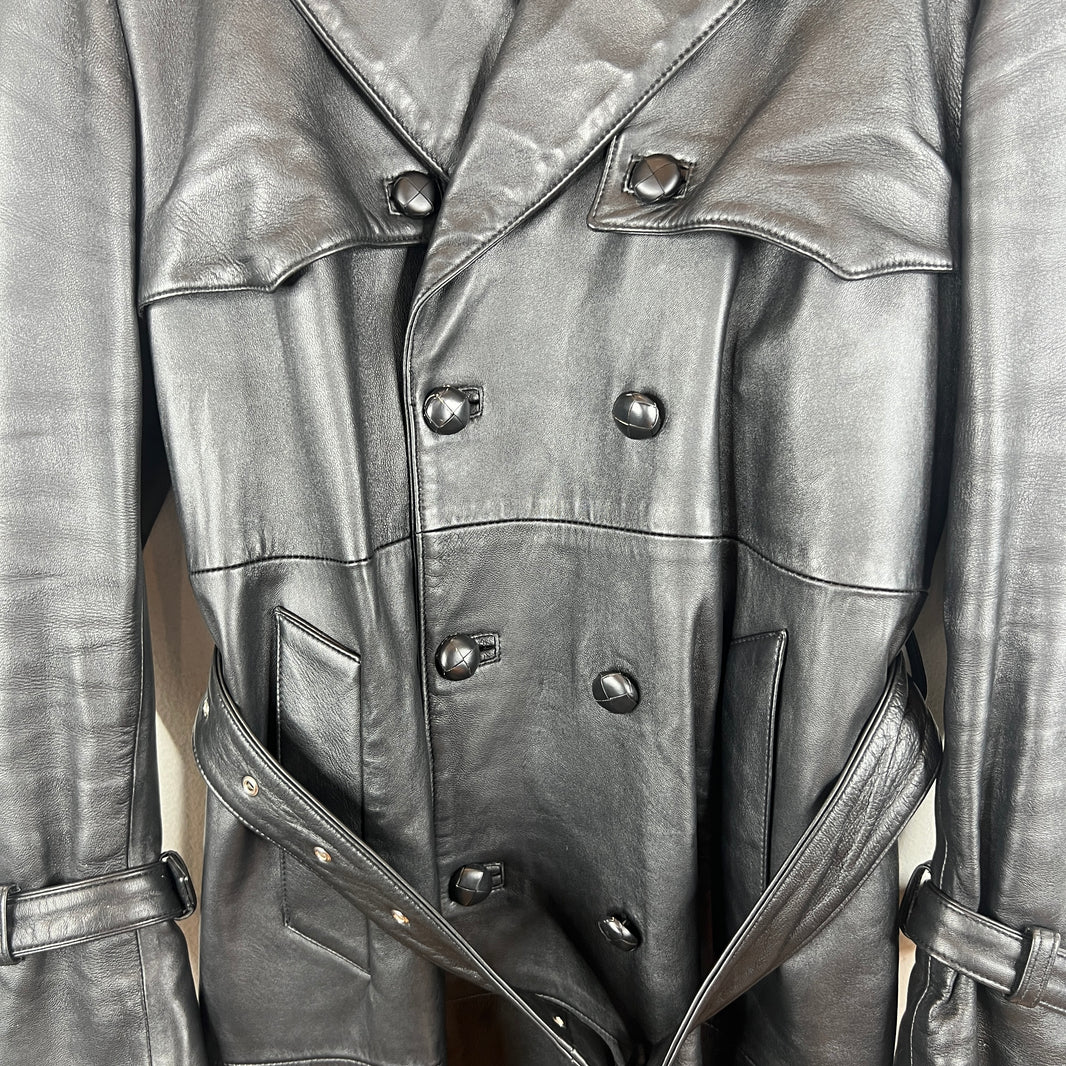 Ernest W. Baker Double Breasted Black Leather Trench Coat