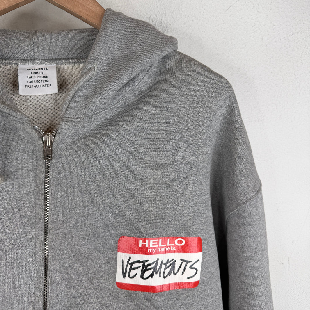 VETEMENTS Gray Name Tag Zip Up Hoodie