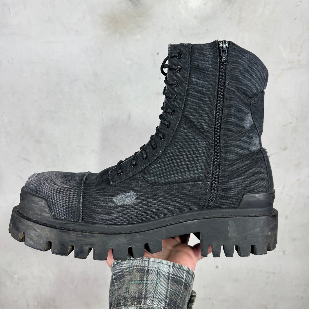 Balenciaga Black Distressed Canvas Strike Boots