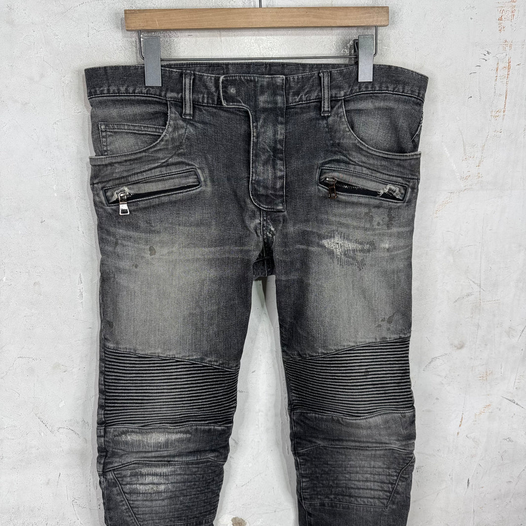 Balmain Charcoal Repaired Biker Jeans