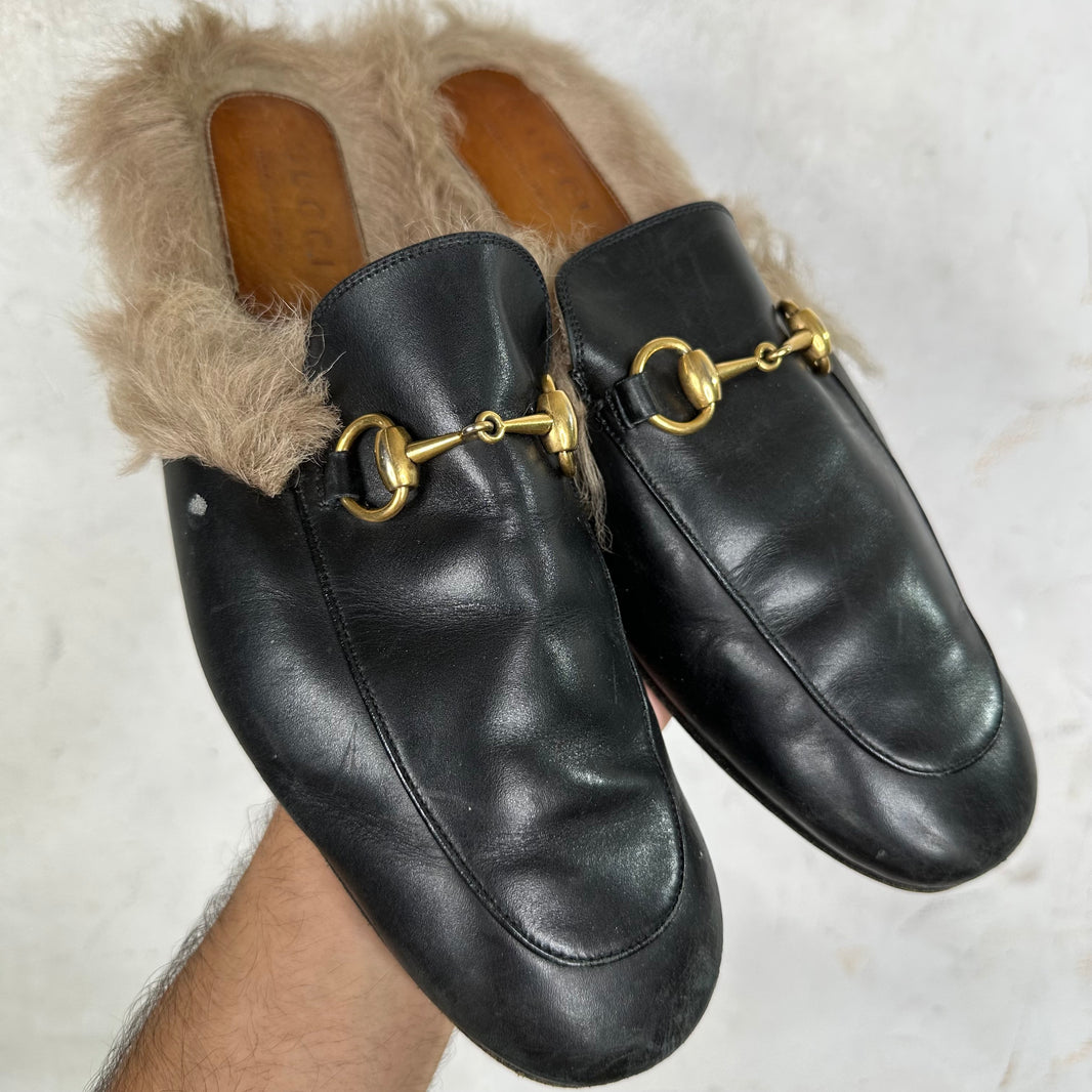 Gucci Smoked Horsebit Fur Mules