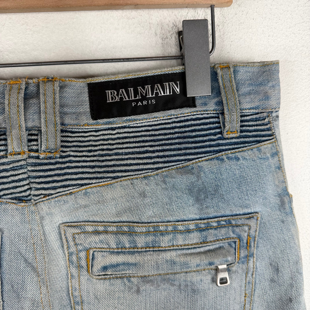 Balmain Distressed Light Blue Wash Biker Jeans