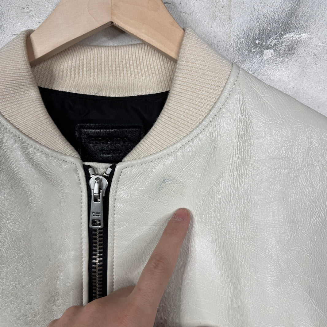 Prada Triple White Leather Raf Bomber Jacket