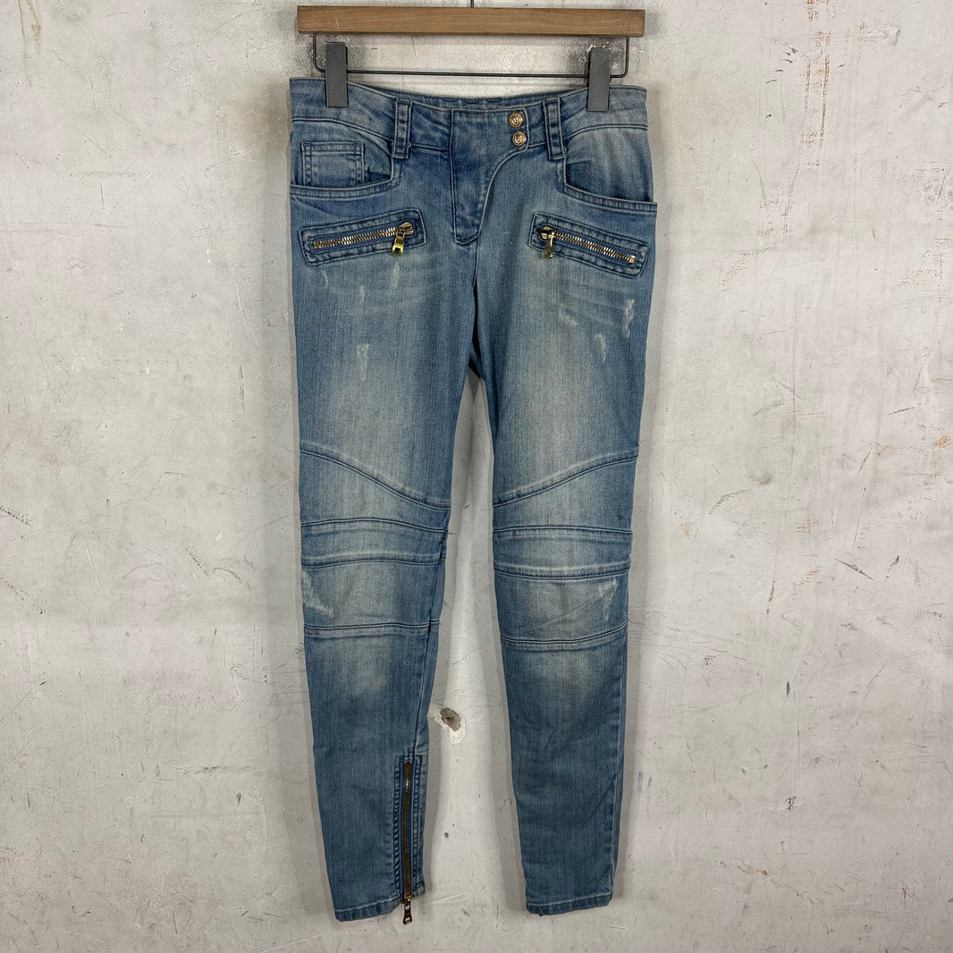Balmain Womens Lightwash Biker Jeans