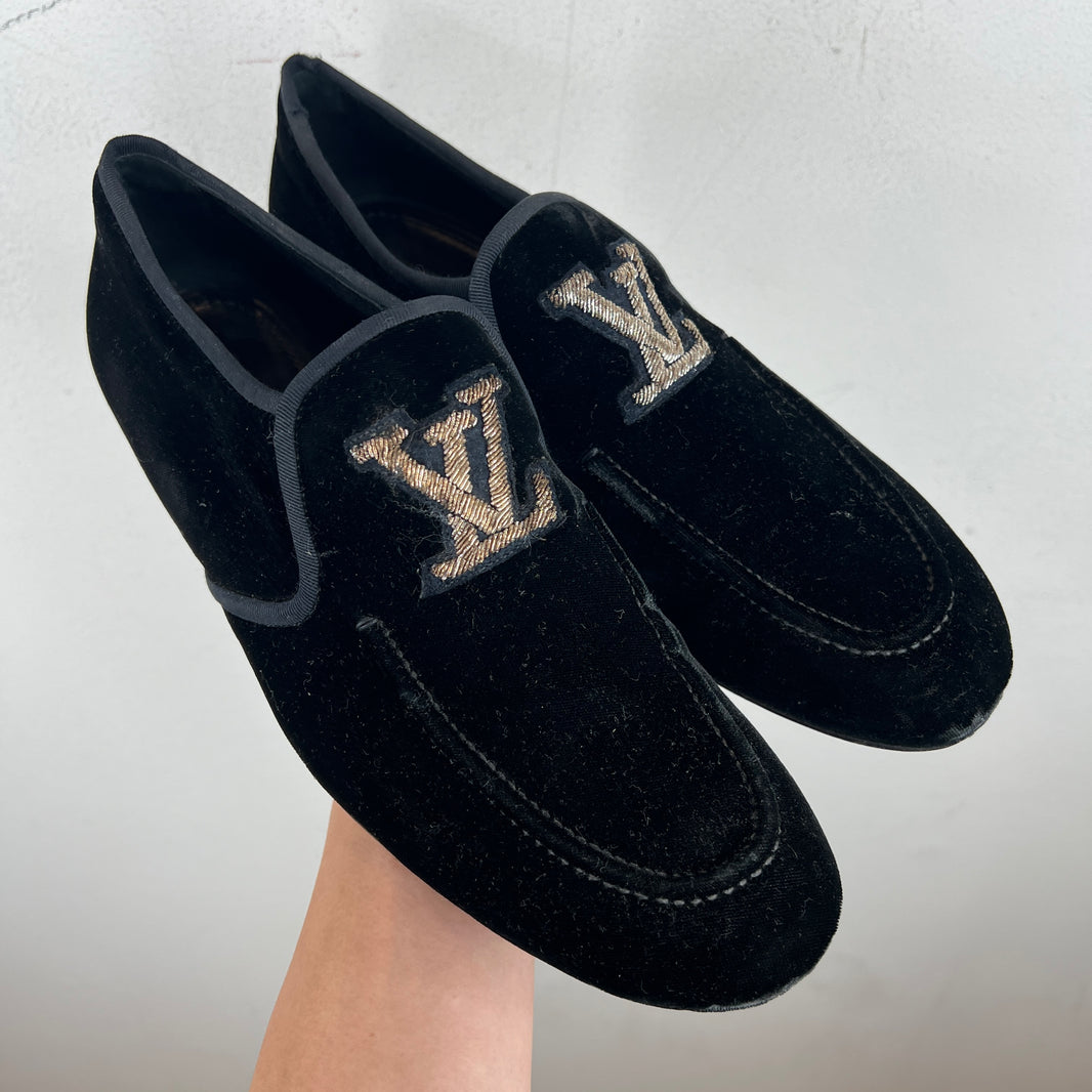 Louis Vuitton Emboirdered Velvet Slip On Loafers