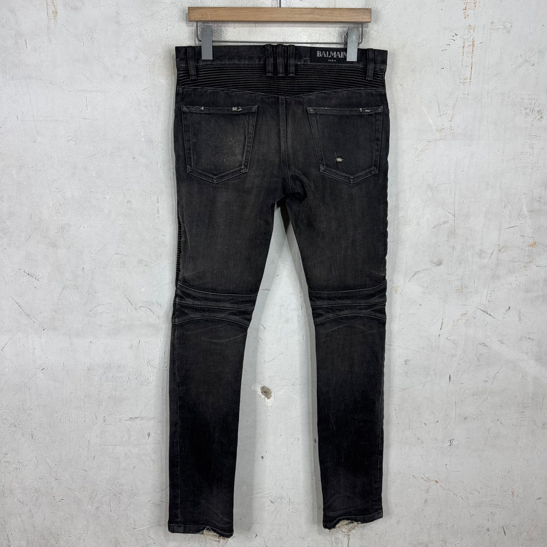 Balmain Charcoal Distressed Biker Jeans