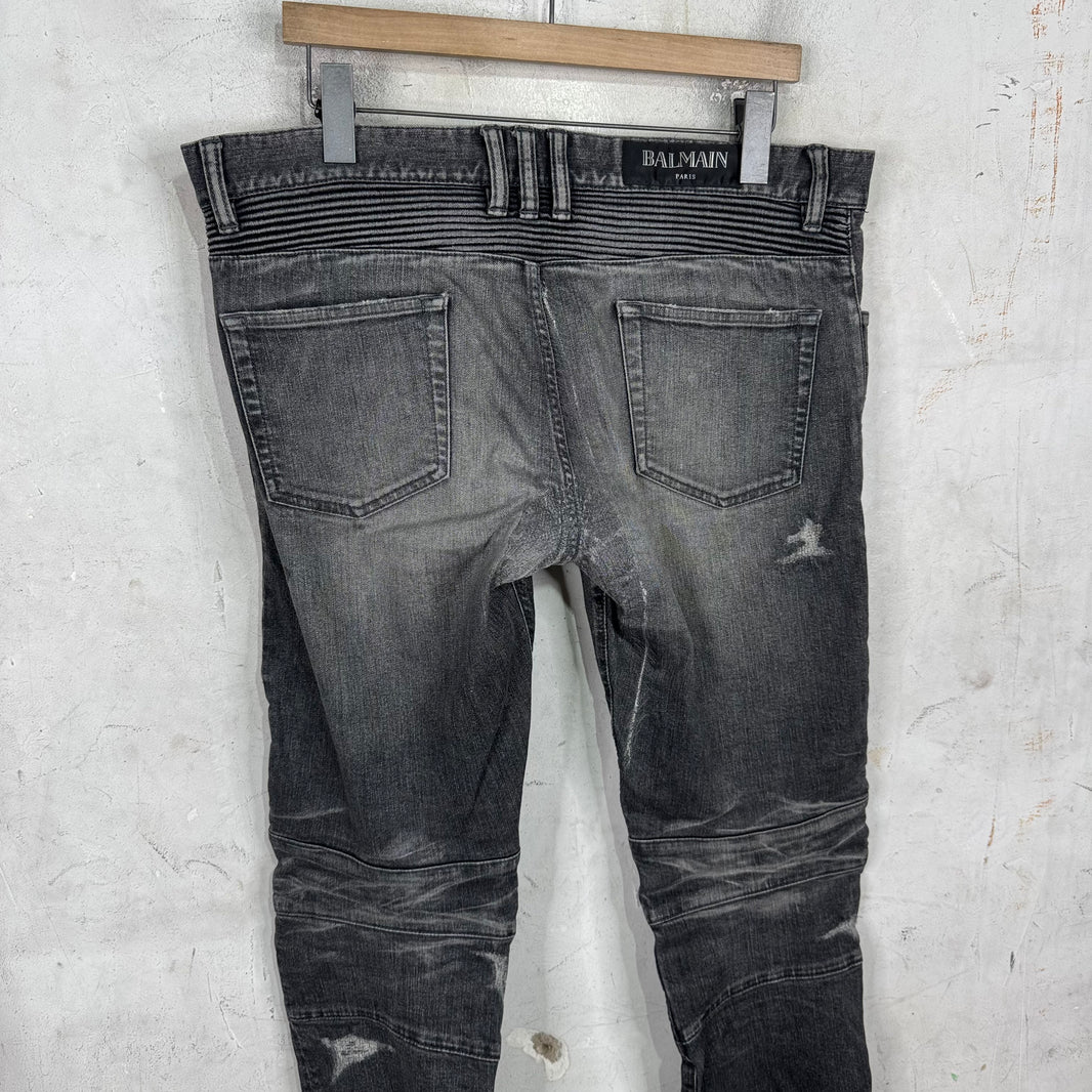 Balmain Charcoal Repaired Biker Jeans
