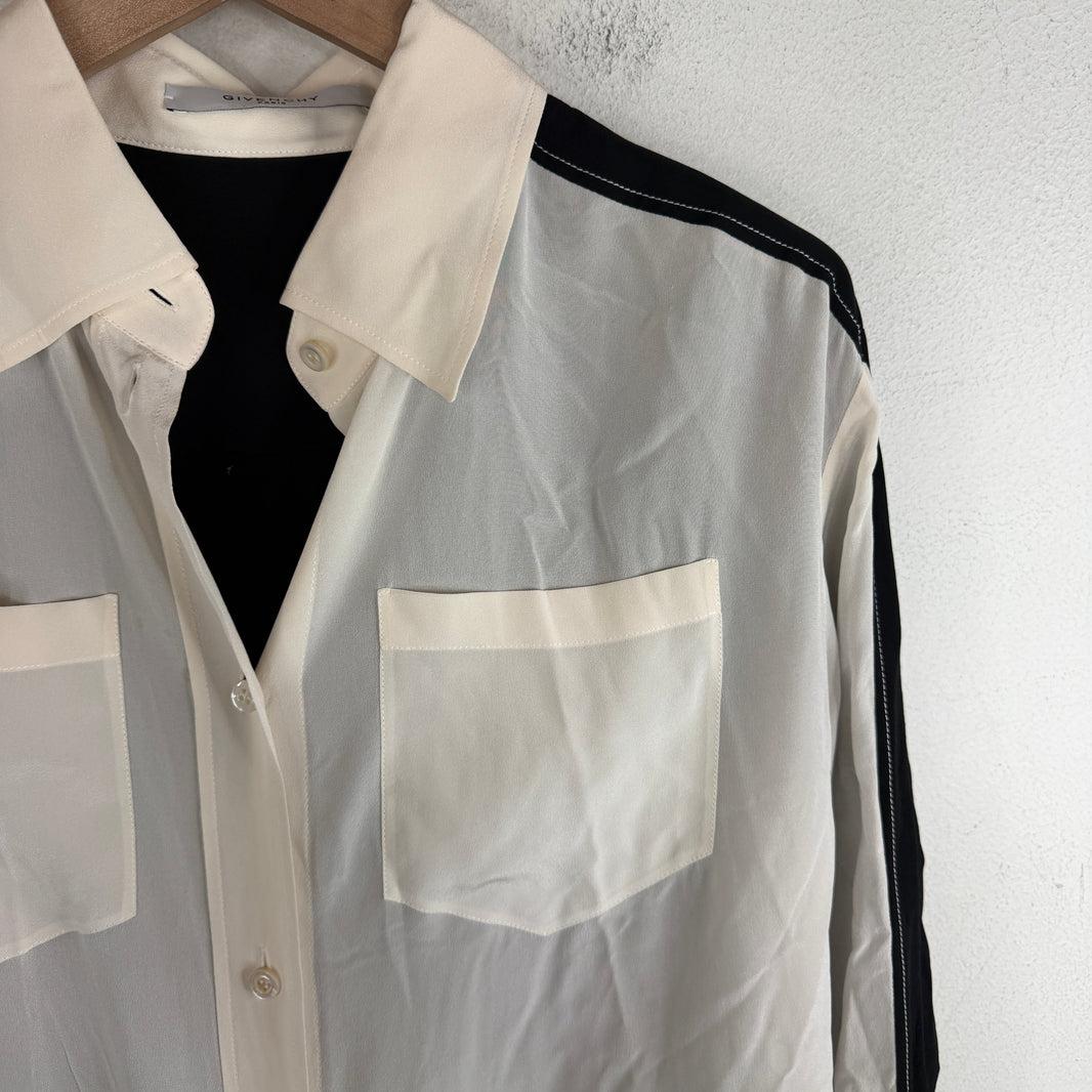 Givenchy White/Black Split Silk Button Up LS Shirt