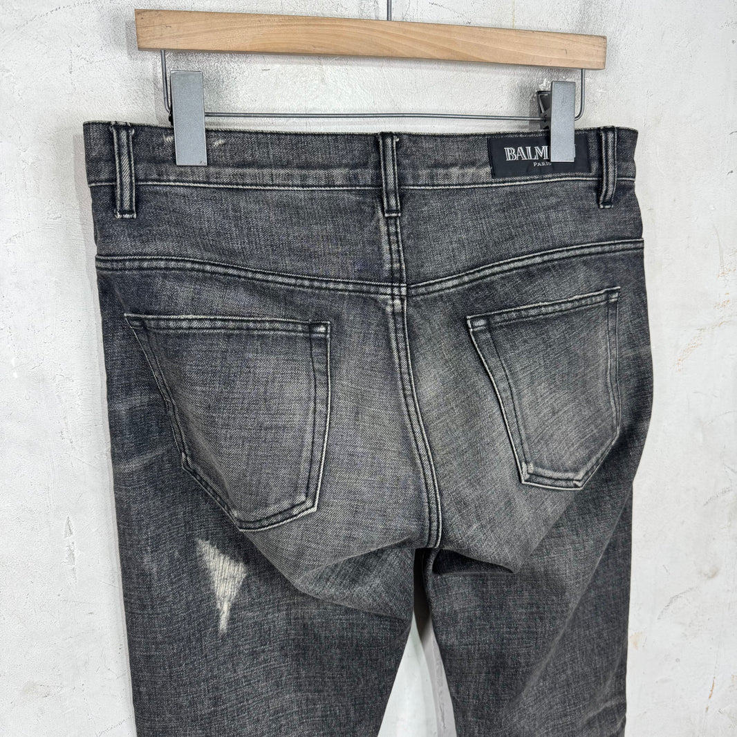 Balmain Straight Legged Charcoal Distressed Jeans