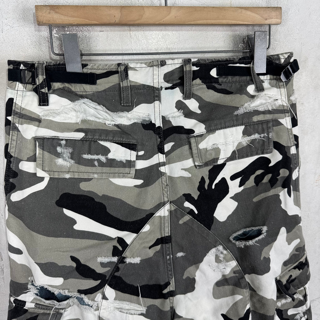 Balenciaga Trompe Layered Snow Camo Distressed Shorts