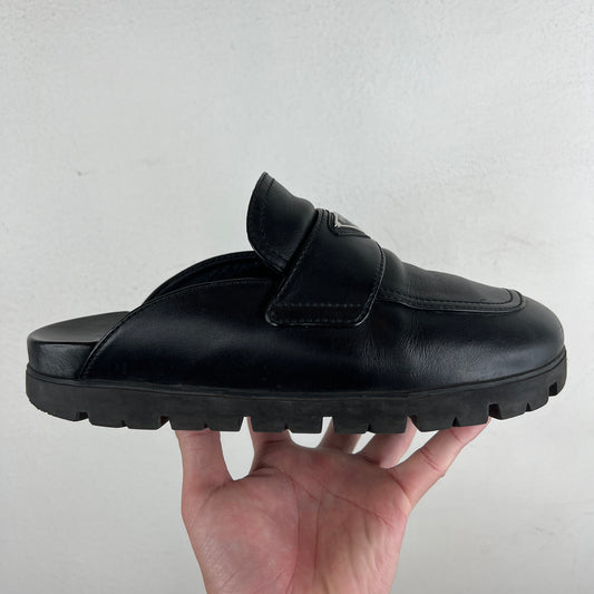 Prada Black Leather Triangle Mules