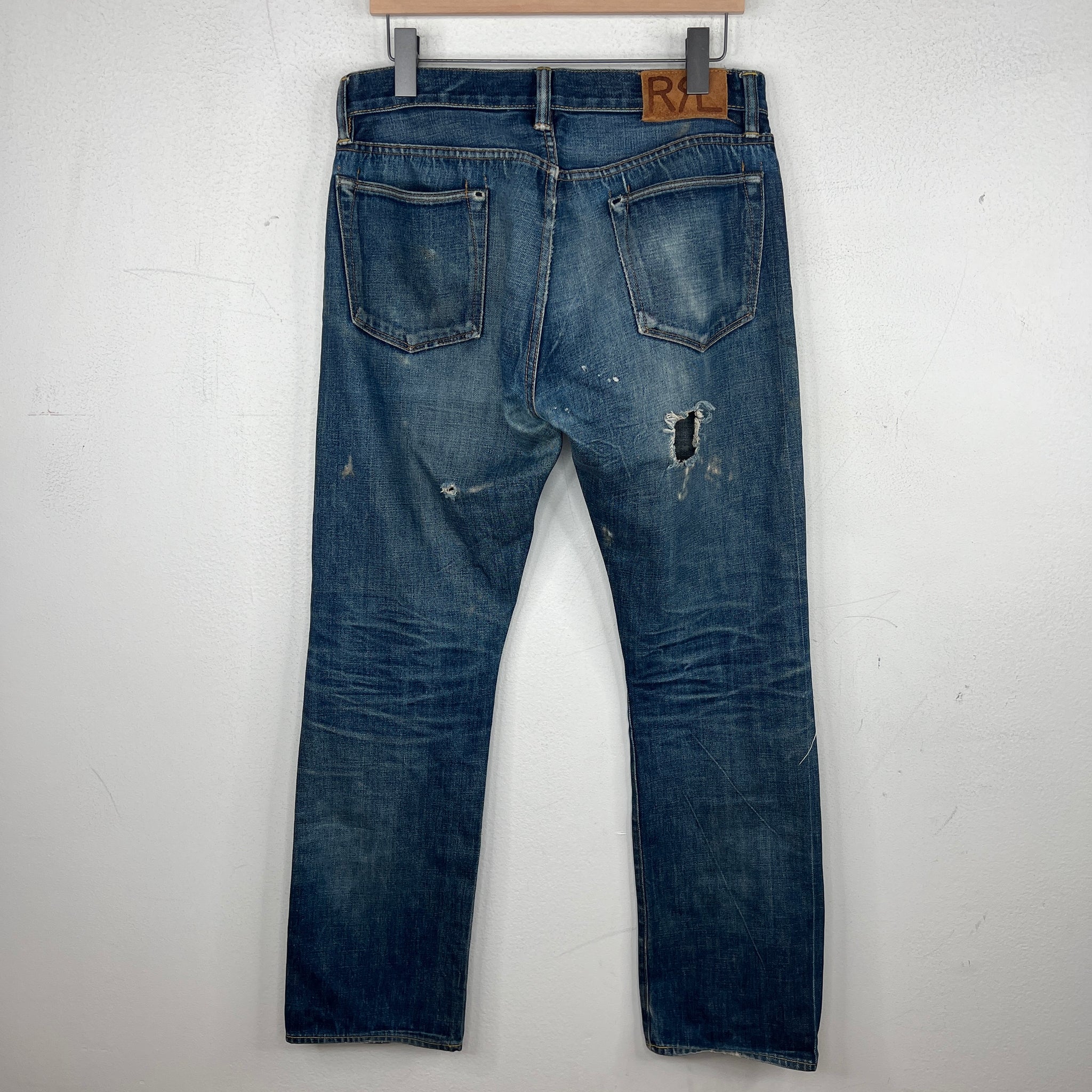 RRL Distressed Knee Cut Denim Jeans