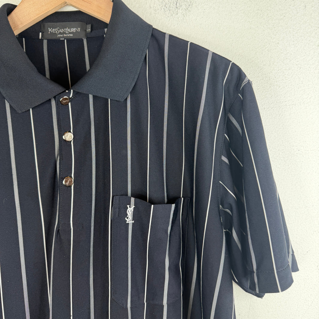 YSL Vintage Navy Silk Metal Button Polo T-Shirt