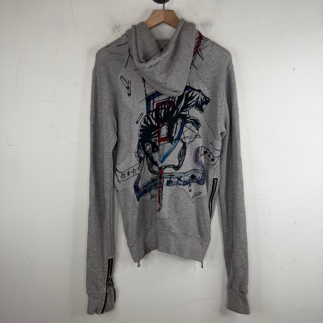 Balmain Gray Patchwork Graffiti Zip Up Hoodie