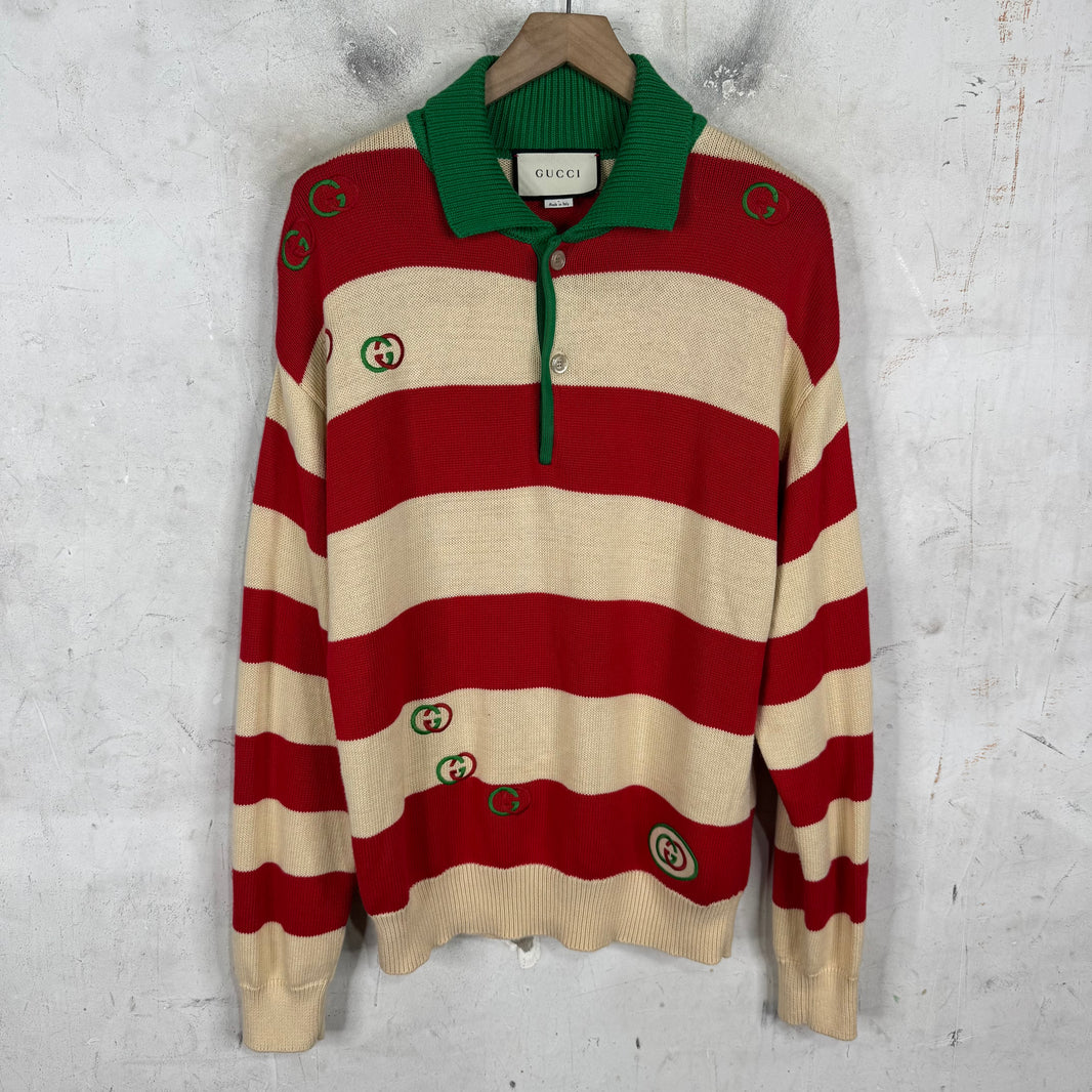 Gucci Striped Logo Knit Polo Sweater