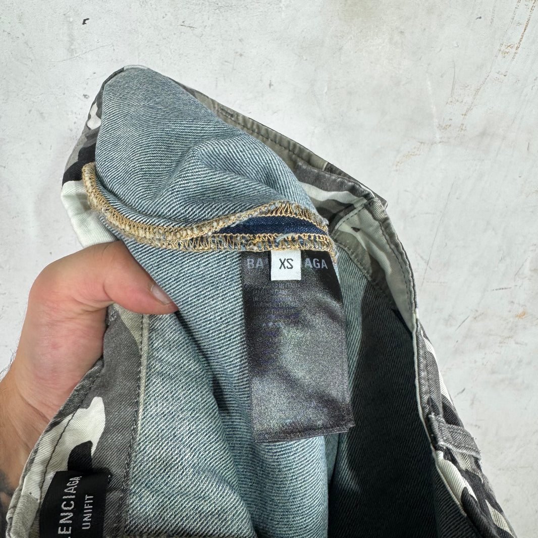 Balenciaga Trompe Layered Snow Camo Distressed Shorts