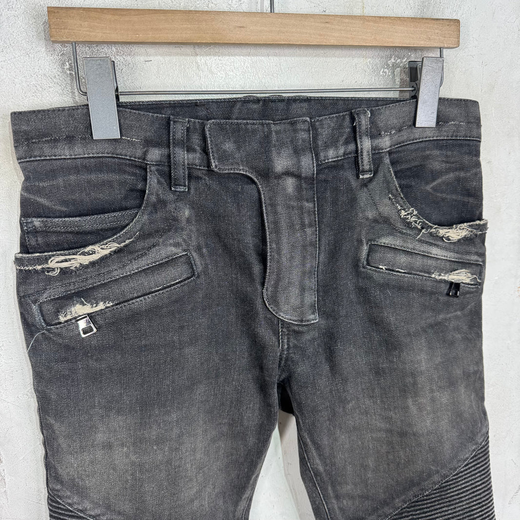 Balmain Charcoal Distressed Biker Jeans