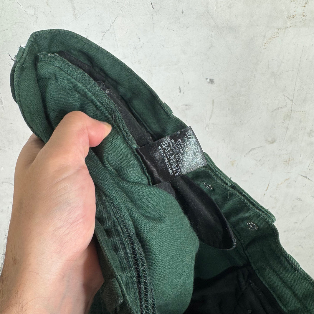 Balmain Green Waxed Double Zip Biker Jeans