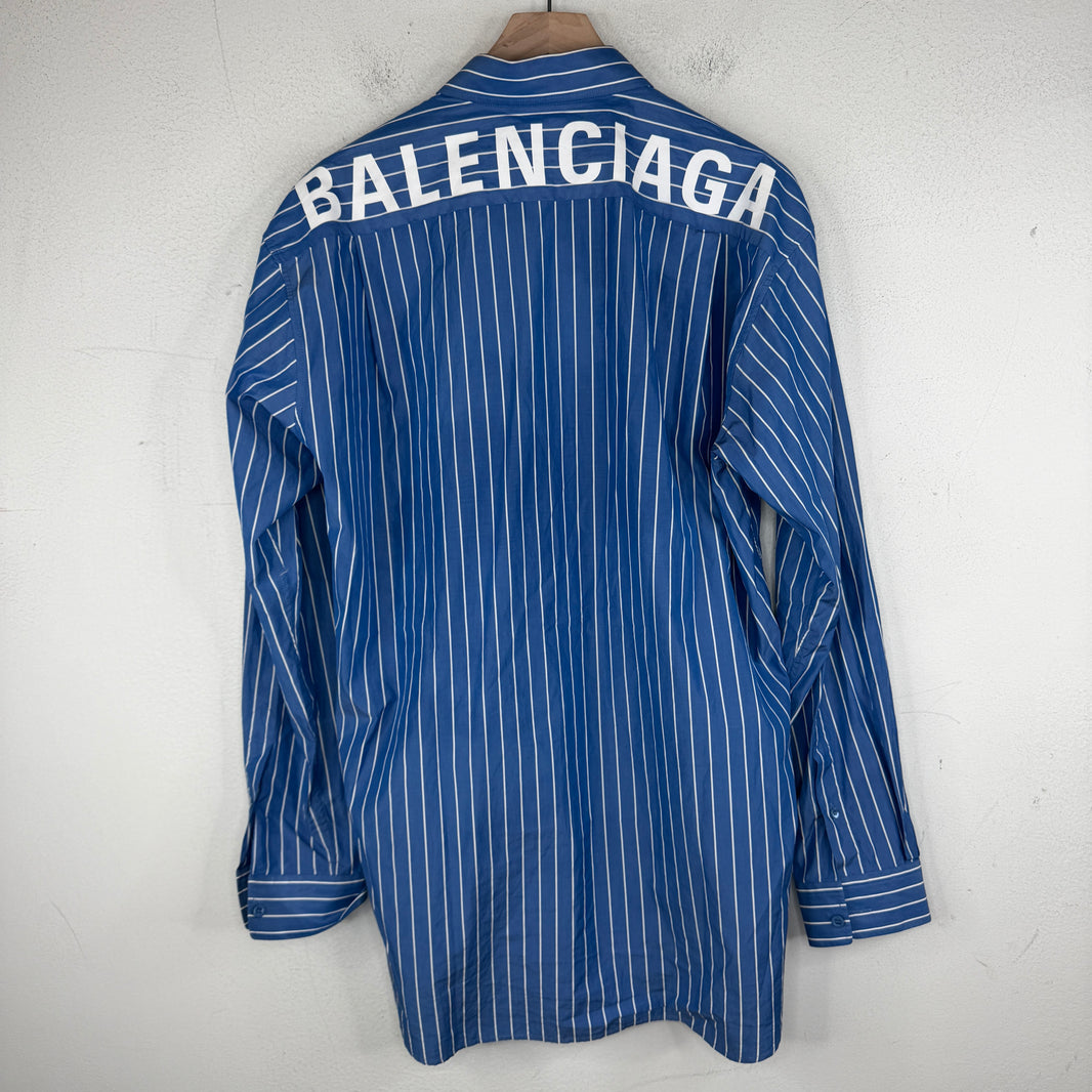 Balenciaga Blue Back Logo Striped Button Up Shirt