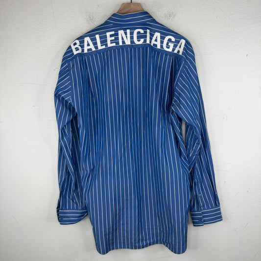 Balenciaga Blue Back Logo Striped Button Up Shirt