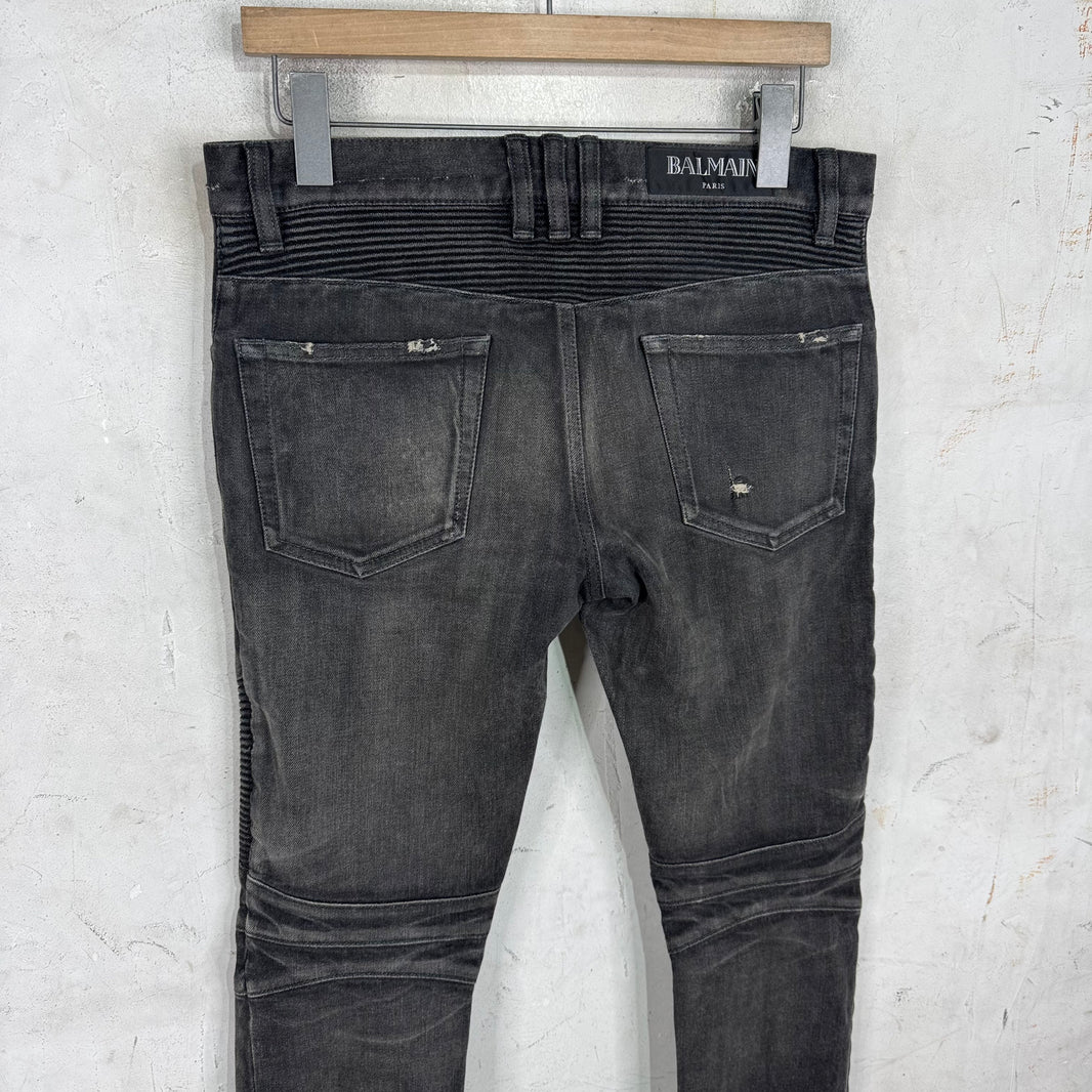 Balmain Charcoal Distressed Biker Jeans