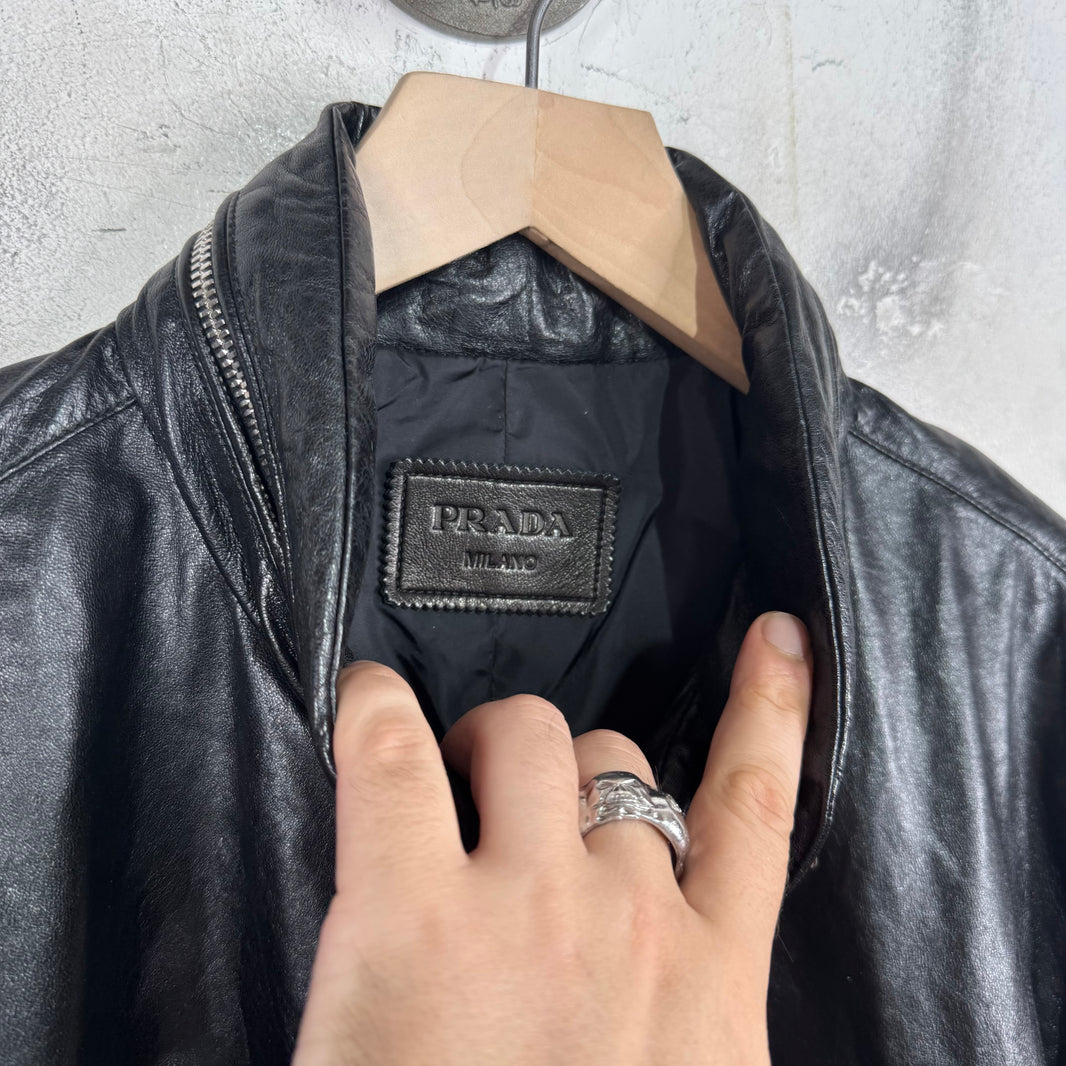 Prada Leather Packable Hooded Jacket