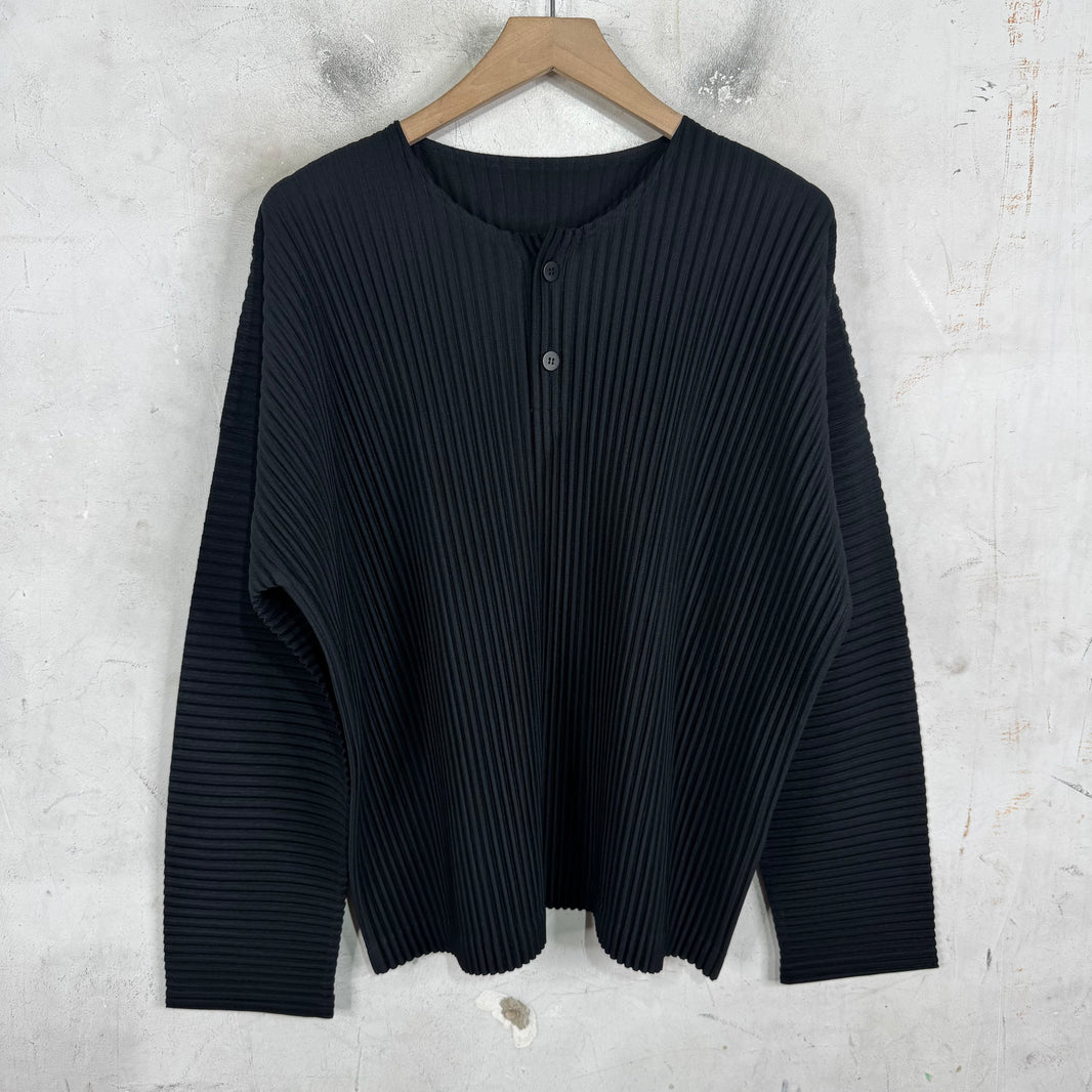 Issey Miyake Black Pleates L/S Collarless Shirt