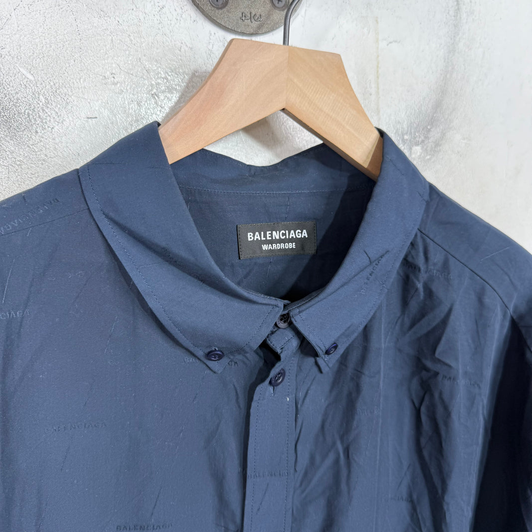 Balenciaga Navy All Over Logo Button-Up Shirt