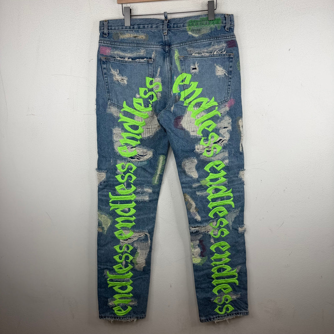 Endless Denim Blue Embroidered Distressed Jeans