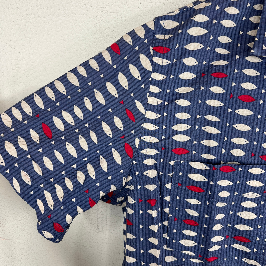 RRL Fish Patterned Ribbed Short Sleeve Button Up Shirt