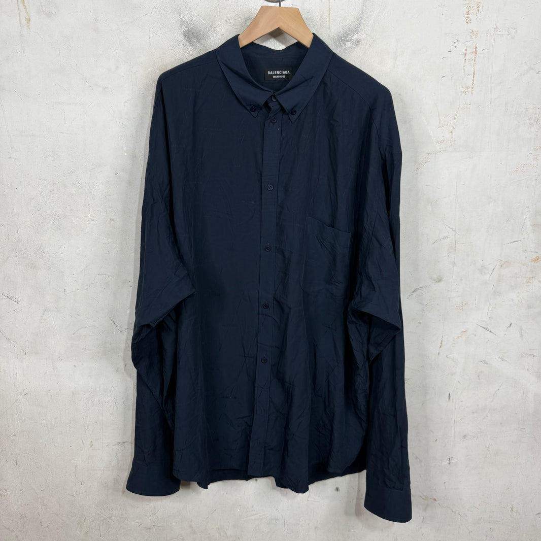 Balenciaga Navy All Over Logo Button-Up Shirt