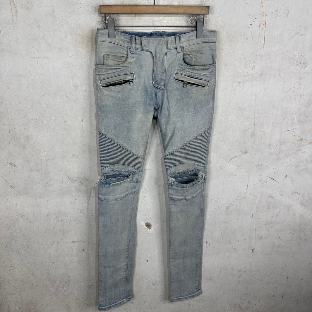 Balmain Light Wash Distressed Biker Jeans