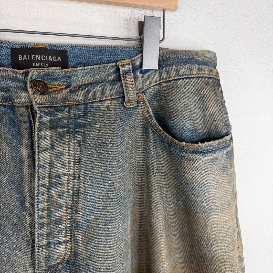 Balenciaga Waxed Mud Blue Wash Baggy Jeans