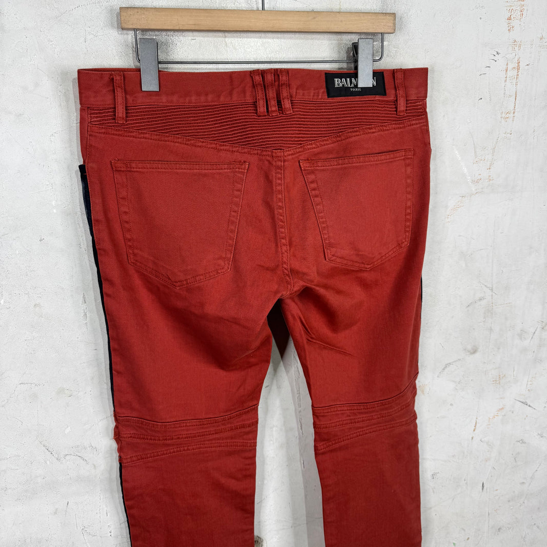 Balmain Orange Denim Trimmed Biker Jeans