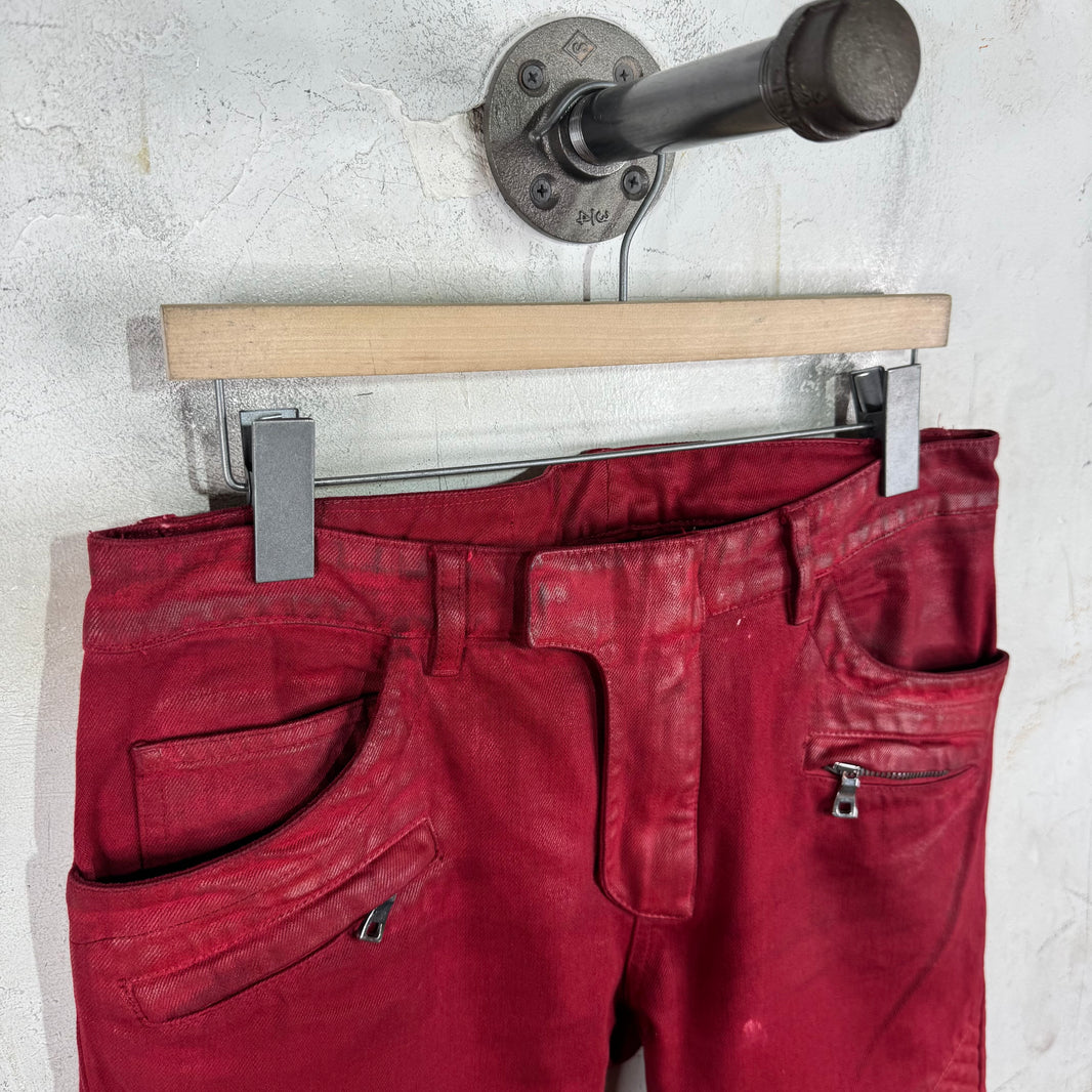 Balmain Red Waxed Biker Jeans