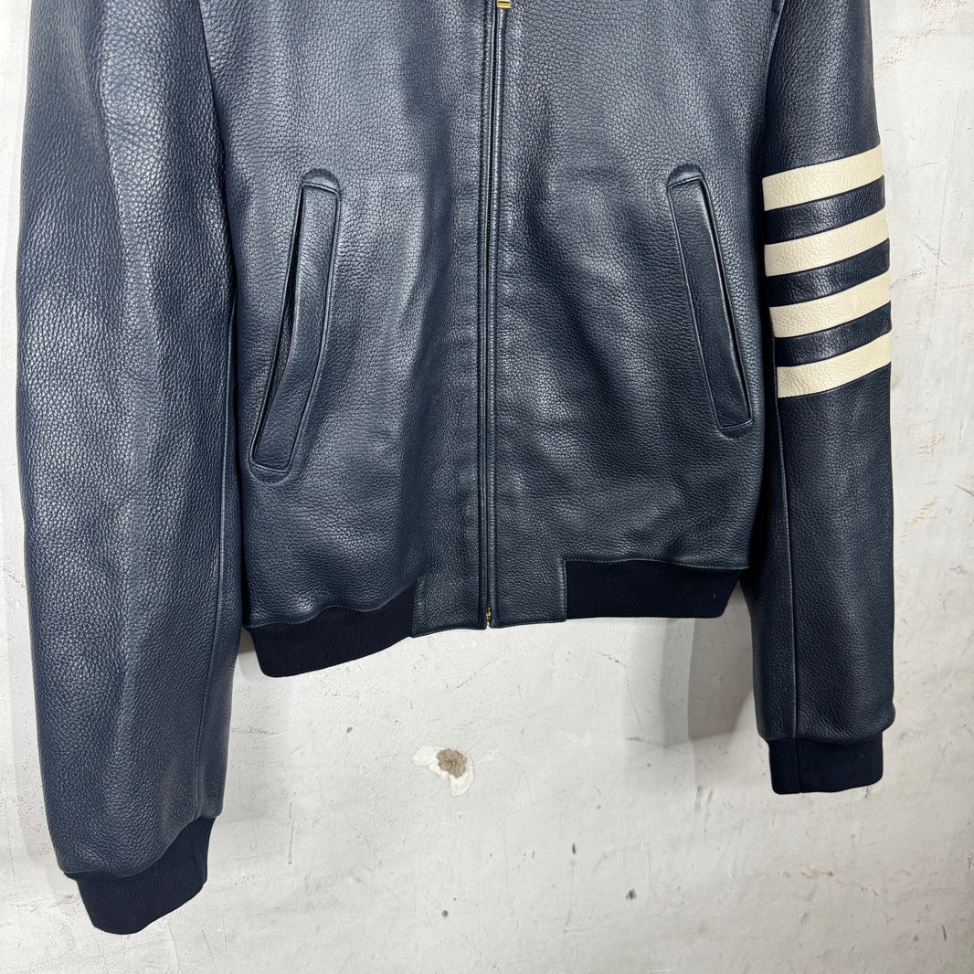 Thom Browne Navy Leather Striped Jacket