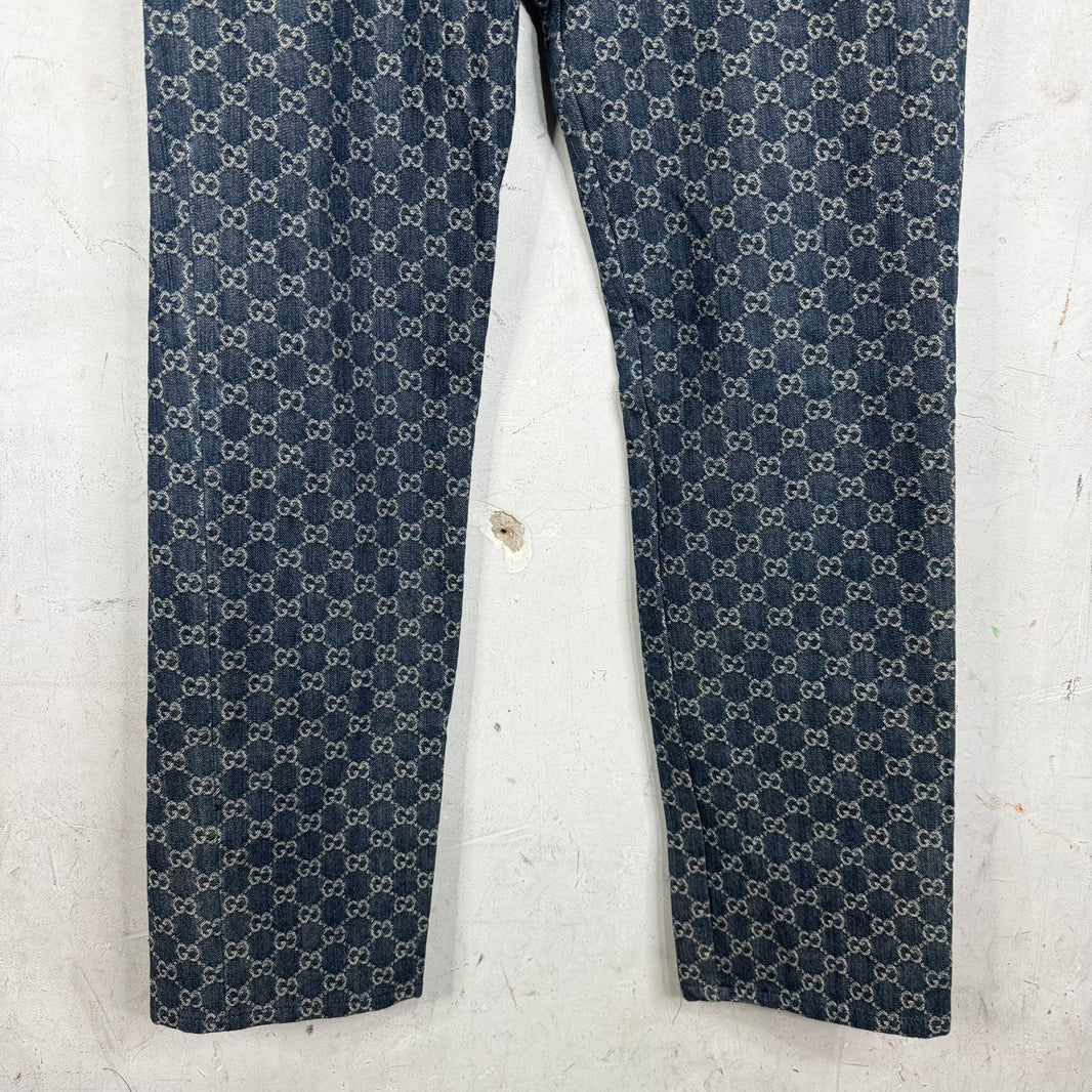 Gucci Denim Monogram Leather Trimmed Jeans