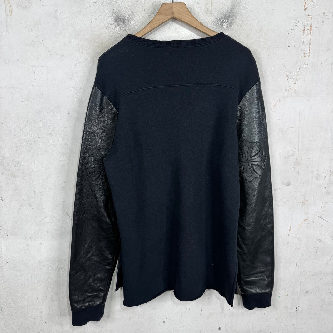 Chrome Hearts Triple Cross Leather Sleeved Crewneck