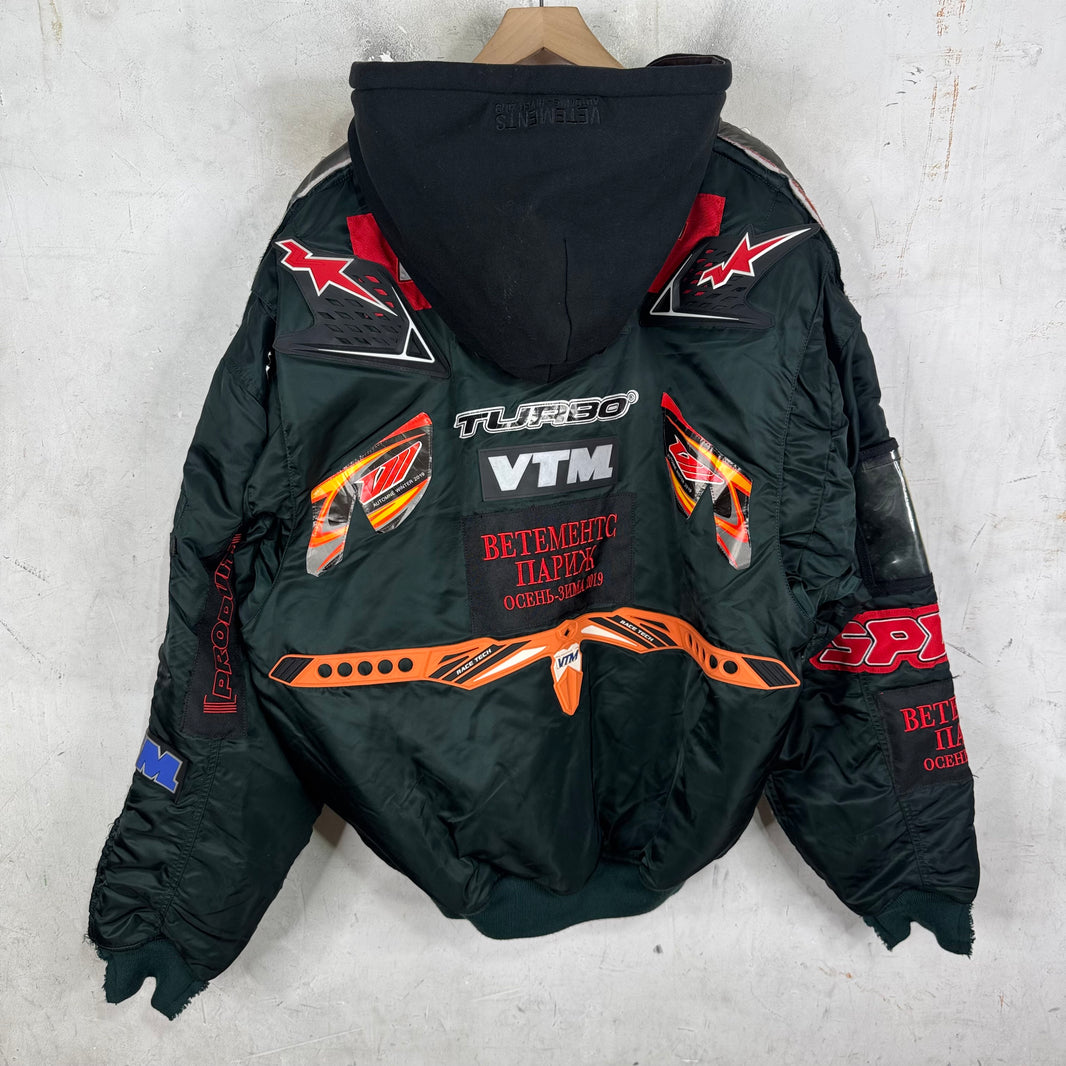 Vetements x Alpha Patchwork Racer Hooded Bomber Jacket