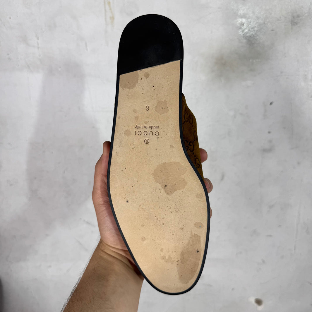 Gucci Suede Monogram Cachemire Horsebit Mules