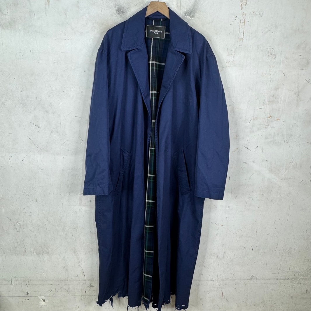 Balenciaga Distressed Hem Plaid Lined Long Coat