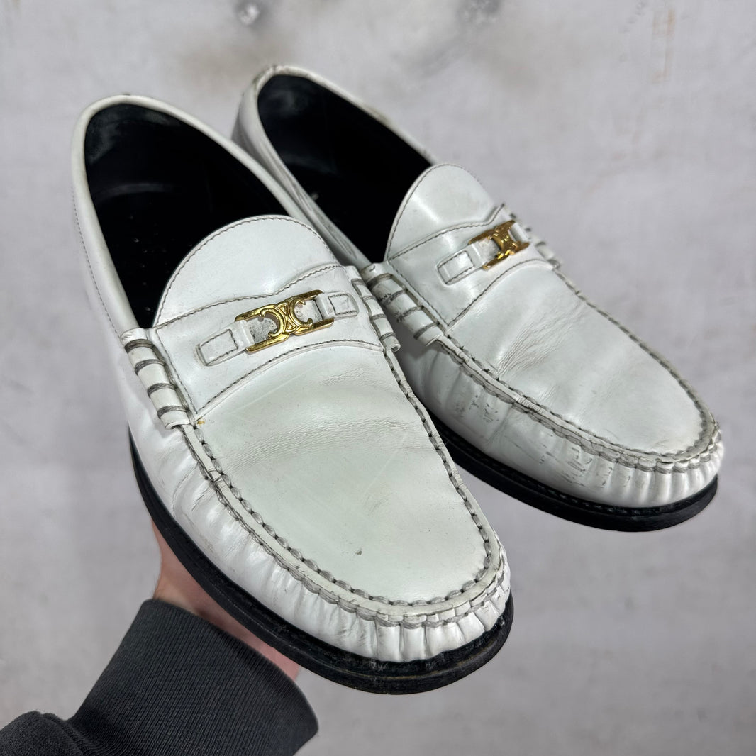 Celine White Leather Triomphe Loafers