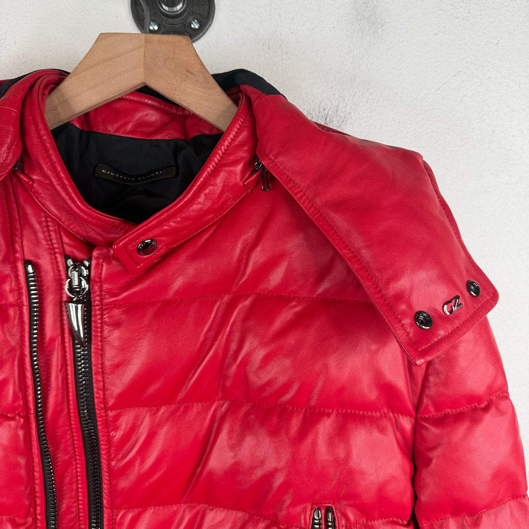 Giuseppe Zanoti Red Leather Puffer Hooded Jacket