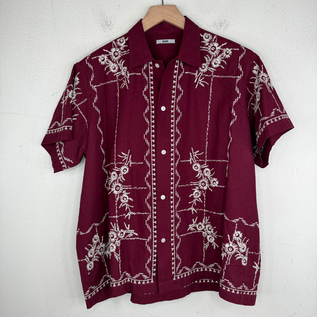 Bode Red Embroidered Flower S/S Shirt