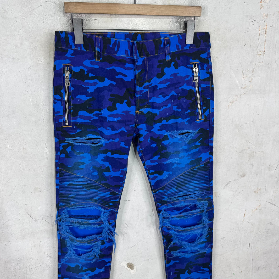 Balmain Blue Camo Biker Jeans New